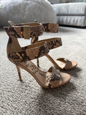 Sam Edelman Tan and Brown Snake-Print Strappy Stiletto Sandals